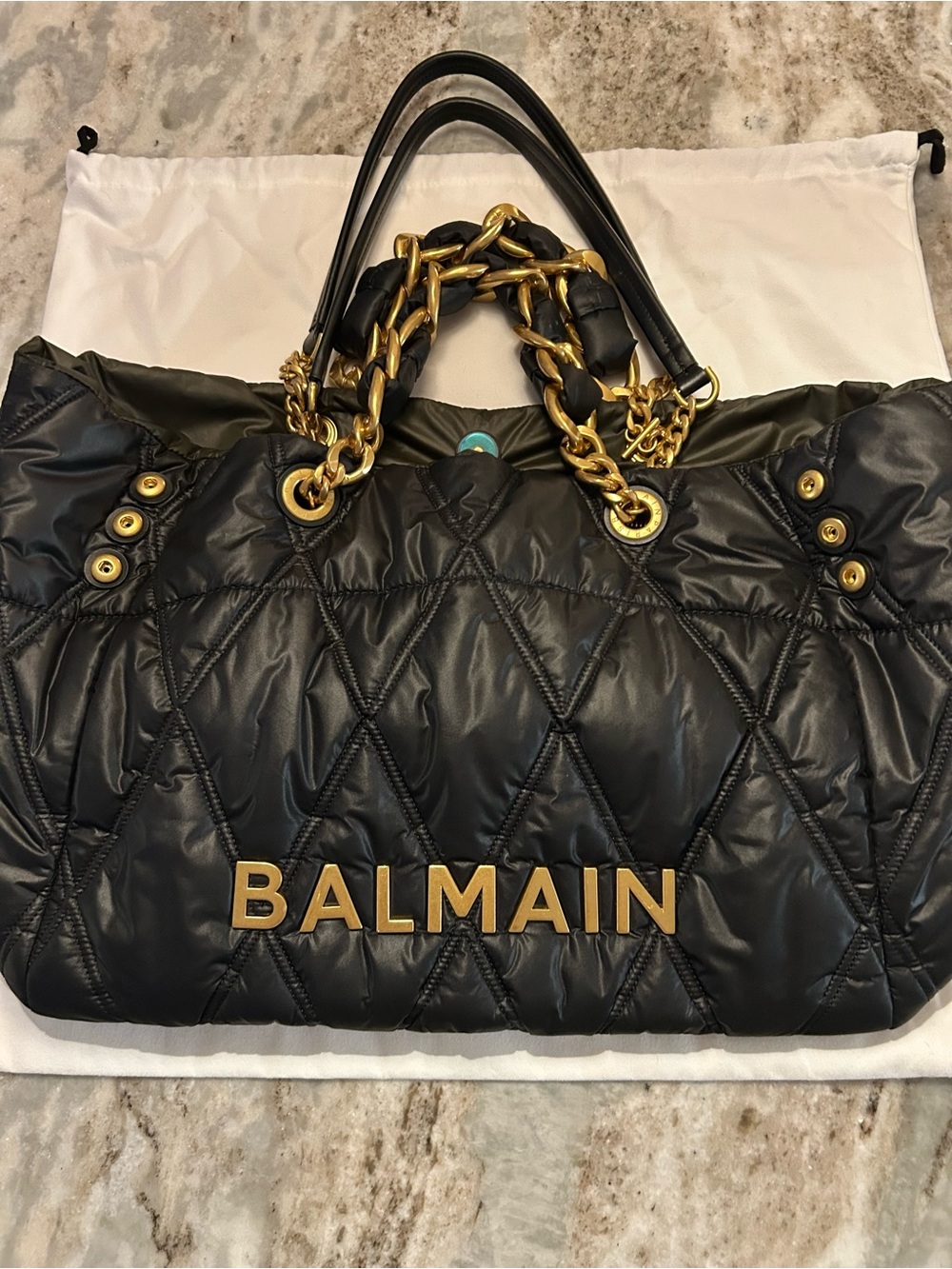 Balmain Black Quilted Tote with Gold Hardware and tags